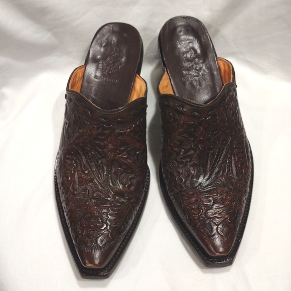 Old Gringo Shoes - Old Gringo Dark Brown Tooled Leather Snip Toe Pointed Western Mule Clogs Sz 7